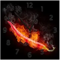 Wallario Design Wanduhr Heiße, brennende Chili-Schote vor schwarzem Hintergrund aus Echtglas, Größe 30 x 30 cm