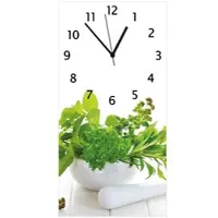 Wallario Design Wanduhr Welt der Kräuter - verschiedene Kräuter in einem weißen Mörser aus Echtglas, Größe 30 x 60 cm