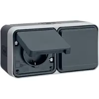 Hager WNC182 Steckdose SCHUKO AP 2fach waagerecht mit Klappd., 4 Leitungseinf.,W.1 IP55,grau