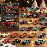 BundiGlassware 24 Days Of Classic American Cars Advent Calendar, 2D Acryl Countdown bis Weihnachten 2026 mit 24 Oldtimer-Modellautos, Retro-Klassiker-Fahrzeugset für Autosammler