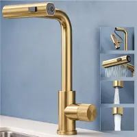 Doporro Wasserfall Wasserhahn Küche Hochdruck mit 3 Strahlarten und Einhebel-Mischbatterie, ausziehbare Spültischarmatur Gebürstet gold Turnix-02