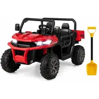 KOMFOTTEU Kinder Elektroauto, 2-Sitzer Kinderauto mit Kippbett, Schaufel & Fernbedienung & Musik & Scheinwerfer & Hupe, 12V Kinderfahrzeug mit Slow-Start-Funktion & Sicherheitsgurt (Rot)