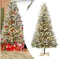 UISEBRT 210 cm Beflockter Künstlicher Weihnachtsbaum mit Warmweißen LEDs und Robustem Holzständer - Christbaum und Dekobaum für Weihnachten