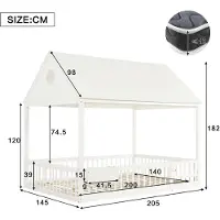 StarTech.com Kinder Hausbett - Einzelbett 140x200 cm - Holzgestell - Klassischer Stil - Fenster- und Dachdetails - Dekorative weiße Vorhänge