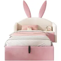 StarTech.com Kinderbett - 90x190 cm - Samtpolsterung - Kopfteil mit Hasenohren - Stauraum & Nachttisch - Ohne Matratze - Beige/Rosa