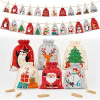 Sonstiges Adventskalender zum Befüllen 24 Stoffbeutel Kinder Weihnachtskalender mit Holzklammern & Schnur Rot Grau Beige 12x15 & 13x18 cm