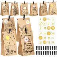 Sonstiges Adventskalender zum Befüllen 2026, 24 Papiertüten Braun, 24 Holzklammern, 24 Zahlenaufkleber, 24 x 13 x 8 cm