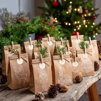 Sonstiges DIY Adventskalender Set zum Befüllen 24 Kraftpapiertüten mit Motiven, Zahlenstickern, Holzklammern, Jutekordel