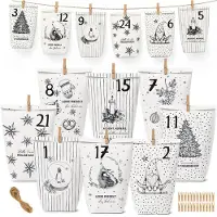 Sonstiges Adventskalender zum Befüllen 2026, 24 DIY Sets, weiße Papiertüten mit schwarzen Details, inkl. Holzklammern & Juteschnur