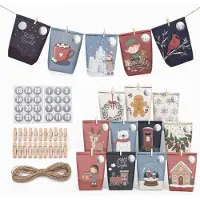 Sonstiges Adventskalender zum Befüllen 24 Tüten 21,5 x 17 cm 16 Designs mit Holzklammern Juteseil Zahlenstickern Kraftpapier 2026