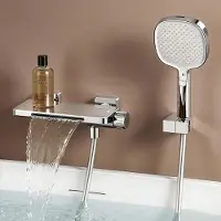 Doporro Badewannenarmatur mit Handbrause, Wasserfall Wannenarmatur aus Vollmessing, Armatur Badewanne Wandarmatur, Wandmontage Silber DSN-403