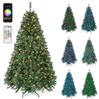 Costway 180 cm Künstlicher Weihnachtsbaum mit 1072 PVC-Spitzen, Tannenbaum mit 300 RGB-LEDs, 22 Lichteffekten & Metallständer, Christbaum grün