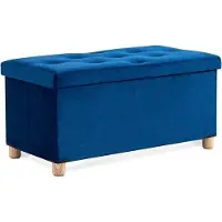 Unyqoos Sitzbank mit Stauraum 80 L – faltbare Polsterbank mit Deckel & Holzbeinen, Leinenoptik, 76×38×38 cm, blau, belastbar bis 301 kg