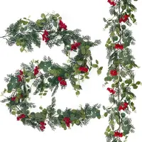 Merkloos Kerstslinger künstlich, 2 Stück, 180 cm, mit grünen Tannenzweigen und roten Beeren für die