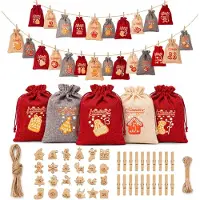Merkloos Adventskalender Jutezakjes 24 Stück 10x14 cm mit Holzklammern und Motivtafeln, für persönliche Dekoration