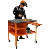 StarTech.com Schweißtisch - Werkstattarbeitstisch - Tragfähigkeit 500 kg - Höhenverstellbar 51–99 cm - Klappbare Seitenablage - 4 Rollen, 2 Bremsen - Orange/Schwarz
