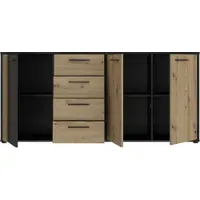 Forte CARDIGAN Kommode 180, moderne Kommode, 3-türig mit Lamellendesign, 4 Schubladen, Wohn-/Schlafzimmer, Artisan Eiche Holzdekor|Schwarz, 179,4 cm breit x 82,3 cm hoch x 34,3 cm tief