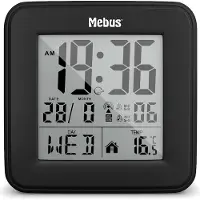 Mebus digitaler Funk-Wecker mit Thermometer, Beleuchtung und Kalender, kompakt & stabil / Farbe: Schwarz / Modell: 25595