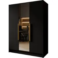 WFL GROUP Kleiderschrank mit Spiegel, Drehtüren mit Goldene Metallgriffe – 150 cm Breit Garderobenschrank mit viel Stauraum für Ankleide – Spiegelkleiderschrank im Scandi-Stil – Schwarz