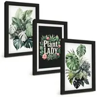 Tulup BILDER SET 3er Set - 20x30 cm Schwarzer Rahmen - Tropische Pflanzen, Pflanzenliebhaberin