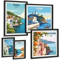 Tulup BILDER SET 5er Set - 50x50 cm & 20x30 cm & 40x60 cm Schwarzer Rahmen - Farbenfrohe Illustrationen von Retro-Städten