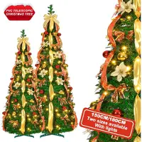 LZQ Pop Up Weihnachtsbaum 180 cm Dunkelgrün | 150 LED (8 Modi), Faltbarer Christbaum mit Rot-Gold-Dekor, Innen & Außen
