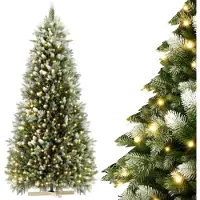 JOIEYOU 150cm Künstlicher Weihnachtsbaum mit Grün PVC Spitzen & Grün PE Spitzen Tannenbaum Christbaum mit Holzständer & Warmweiß LEDs für Weihnachten, Halloween, Hochzeit (mit Schnee-Effekt)