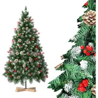 JOIEYOU Weihnachtsbaum Künstlich 225cm mit PVC Spitzen Tannenzapfen & Roten Früchten Ø95cm Tannenbaum Künstlich aus Schwer Entflammbar Christbaum mit Schnee Effekt & Holz Ständer