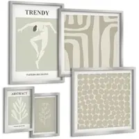 Tulup BILDER SET 5er Set - 50x50 cm & 20x30 cm & 40x60 cm Silberner Rahmen - Pflanzen- und geometrische Muster