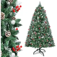 LZQ 180cm Künstlicher Weihnachtsbaum mit Holzständer Tannenbaum für Weihnachten-Dekoration mit Schnee, Kiefernzapfen und Rote Beeren