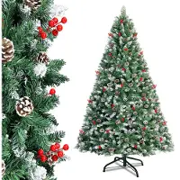 LZQ 225cm Künstlicher Weihnachtsbaum mit Holzständer Tannenbaum für Weihnachten-Dekoration mit Schnee, Kiefernzapfen und Rote Beeren