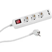 KesTek PROFESSIONAL Steckdosenleiste 3-fach Weiß mit Schalter, 2xUSB