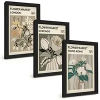 Tulup BILDER SET 3er Set - 20x30 cm Schwarzer Rahmen - Blumenmessen London Chicago Hongkong
