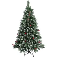 Supfine Künstlicher Weihnachtsbaum 1,5m Grün Beschneit – 450 PVC Spitzen, mit roten Beeren & Tannenzapfen, Christbaum Tannenbaum Weihnachtsdekoration