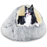 Merkloos Hundebett, Anti-Angst Bett mit Kapuze, für kleine Hunde, abnehmbarer Bezug, antifrutschende Unterseite, für