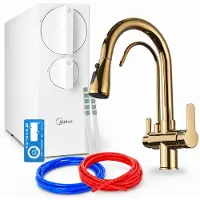 ARI Küchenarmatur Mit Wasserfiltersystem Nordic, Zweigriffarmatur, Messing, Gold, Keramikkartusche, Perlator, 800 Gpd Umkehrosmoseanlage, Luftsprudler