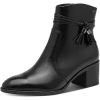 Tamaris Stiefelette , Damen, Gr. 41, Synthetik Textil, schwarz, Leder, Schuhe Stiefelette, Blockabsatz, Ankleboots mit Zierriemen und Fransen