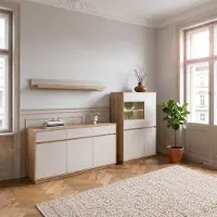 Lomadox Wohnzimmer Möbel Set in Eiche mit Beige, 3-teilig inkl. Beleuchtung - SITTEN-61