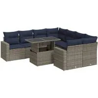 vidaXL 9-tlg. Garten-Sofagarnitur mit Kissen Grau Poly Rattan Akazie