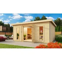 Karibu Holz Gartensauna / Saunahaus "Mainburg 4" naturbelassen 490 x 369 x 229 cm (B x T x H), 3 Bänke ohne Ofen mit Klarglastür