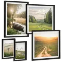 Tulup BILDER SET 5er Set - 50x50 cm & 20x30 cm & 40x60 cm Schwarzer Rahmen - Landschaftswiesenstraße West