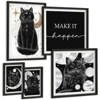 Tulup BILDER SET 5er Set - 50x50 cm & 20x30 cm & 40x60 cm Schwarzer Rahmen - Schwarze Katzen, Mond, Planet