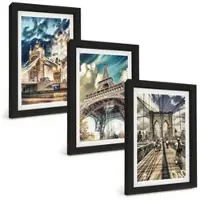 Tulup BILDER SET 3er Set - 20x30 cm Schwarzer Rahmen - Brücken, Türme, europäische Städte