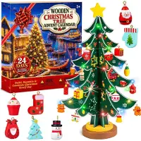 Merkloos Adventskalender Holz Weihnachtsbaum, 24 Tage, mit LED-Lichtern, für Kinder