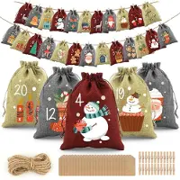 Merkloos Adventskalendertas Stoffbeutel 24 Stück, Weihnachtsmotive, zum Befüllen, für die Weihnachtsdekoration