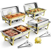 Vevor Chafing Dish Set 4-tlg. Buffets je 8,52 L Edelstahl Warmhaltebehälter, Hochzeiten, Partys, Bankette, Faltbarer Ständer, 2 Behälter in Voller Größe und 4 Behälter in Halber Größe, Servierzange