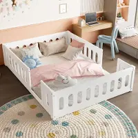 Msnan Kinderbett aus Massivholz und MDF, Weiß, mit Seitengitter und Kissen 140x200 cm