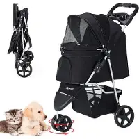 Unyqoos Hunde-Buggy für kleine Tiere bis 15 kg, faltbar, 3 Räder, Stahlrahmen, 400D Oxford, transparente Regenhaube, Ein-Fuß-Bremse, Ablage & Getränkehalter, schwarz