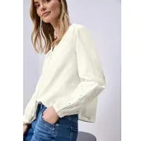 Street One Langarmbluse , Damen, Gr. 42, sanftes weiß, Web, Obermaterial: 100% Baumwolle, unifarben, regular fit normal, V-Ausschnitt, Manschette, Blusen Langarmbluse, mit Manschetten