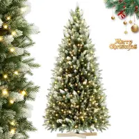 UISEBRT UISRBRT 150cm PVC/PE Künstlicher LED Weihnachtsbaum, Christbaum mit weißen Sprühspitzen, Kunstbaum inkl. Holzständer, Tannenbaum für festliche Dekoratio